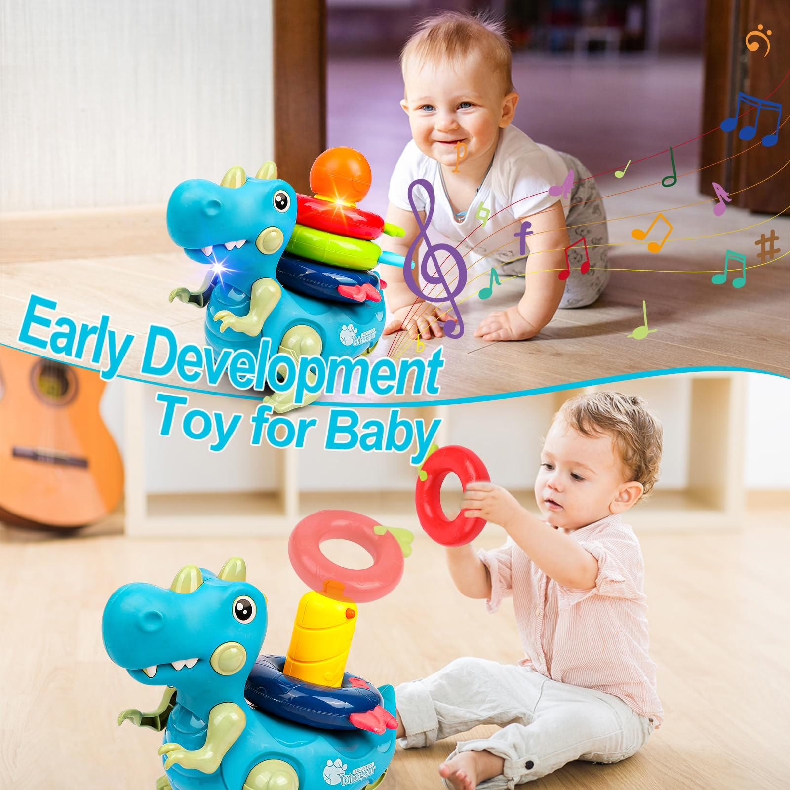 Popsunny Baby Musical Crawling Toy Aged 6-12 Months, Dinosaur Toddler Walking and Stacking Toys with Music & Light, Infant Learning Tummy Time Toy Gift for Boys Girls