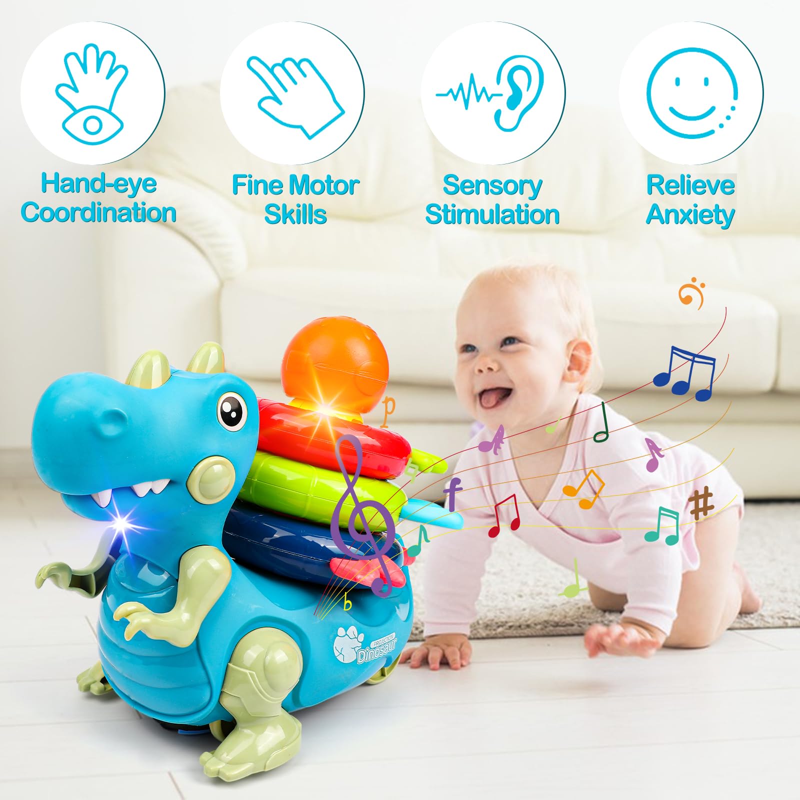 Popsunny Baby Musical Crawling Toy Aged 6-12 Months, Dinosaur Toddler Walking and Stacking Toys with Music & Light, Infant Learning Tummy Time Toy Gift for Boys Girls