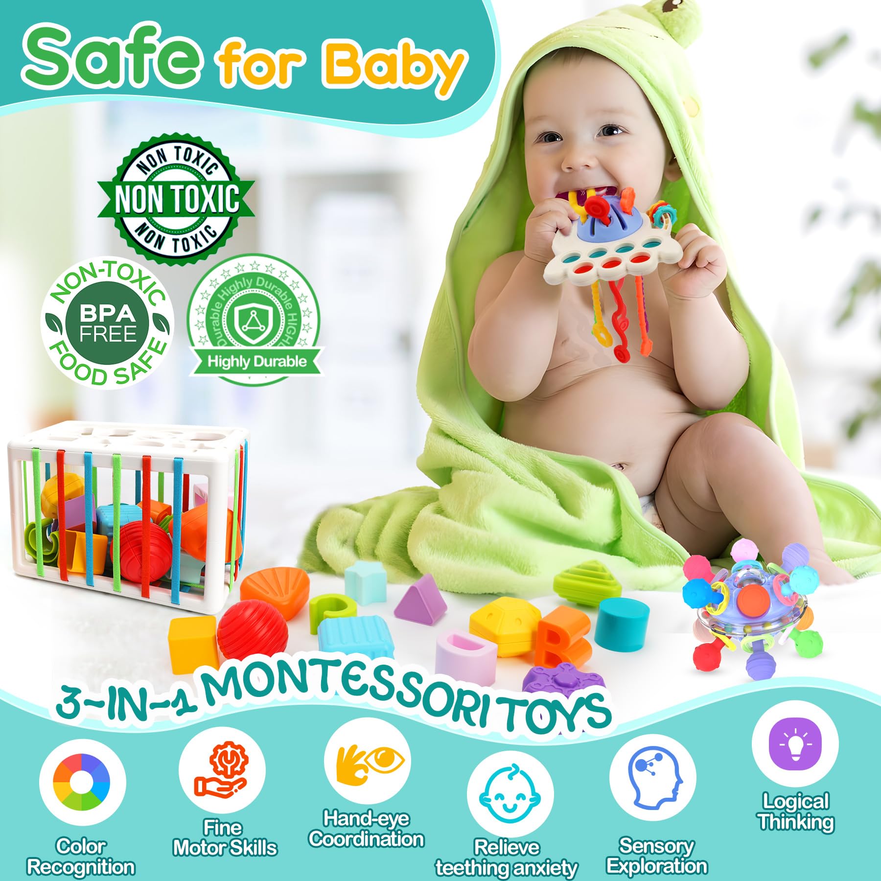 3 in 1 Baby Toys 6 to 12 Months, Baby Teething Toys & Pull String & Shape Sort Cube Sensory Toys, Montessori Toys for Babies 6-12 Months, Infant Toys 6-9-12-18 M+, Gifts for Baby Toys 12-18 Months