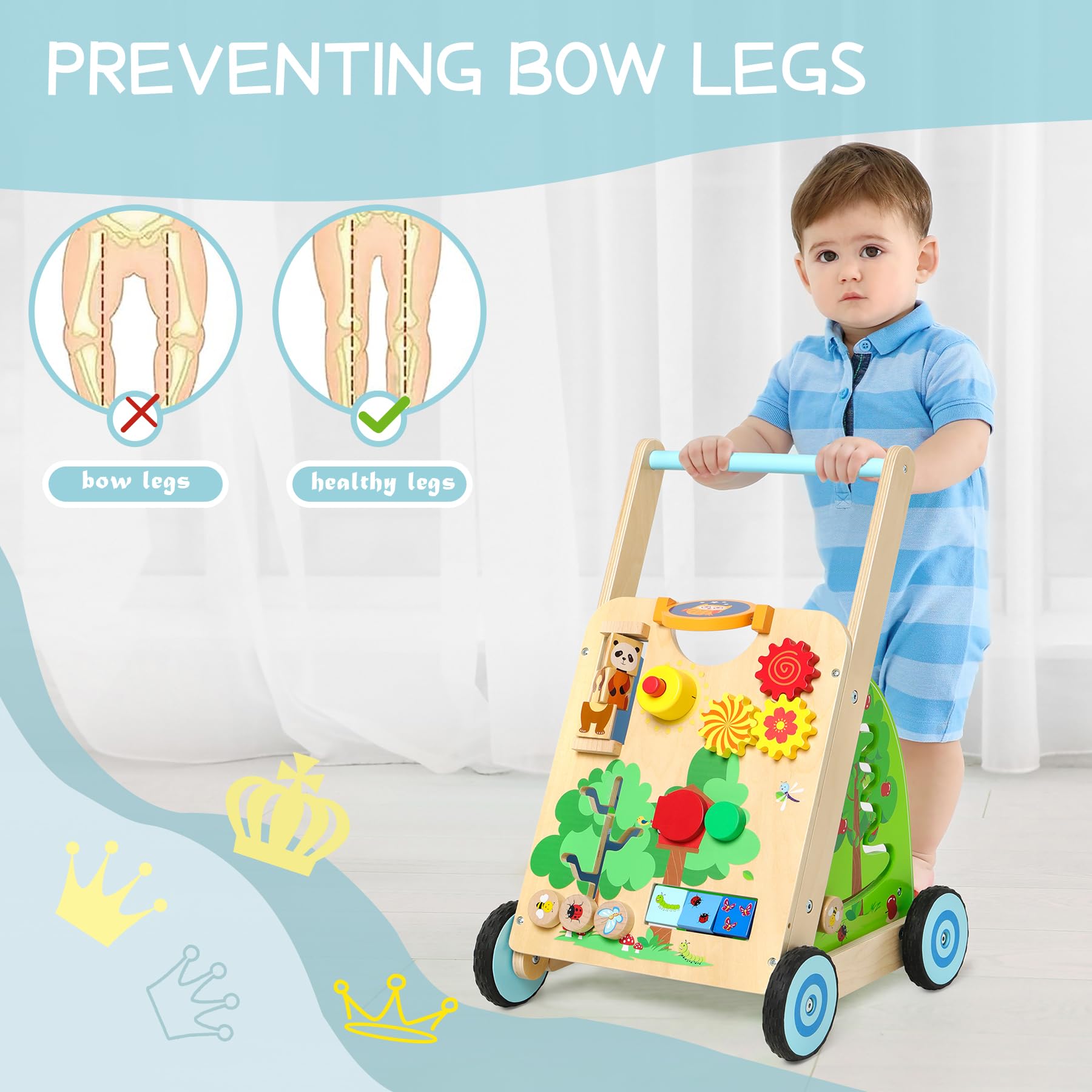 Wooden Baby Walker, Activity Walker, Toddler Push Walking Toy, Learning Activity Stroller, Sit to Stand Walker for Girls and Boys 1-3 Years Old