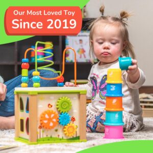 TOYVENTIVE Wooden Activity Cube, Montessori Toys for 1+ Year Old Girl, Multipurpose Educational Sensory Toy for Baby, Toddler, Kid | First Birthday Gift | Bonus First Words Book