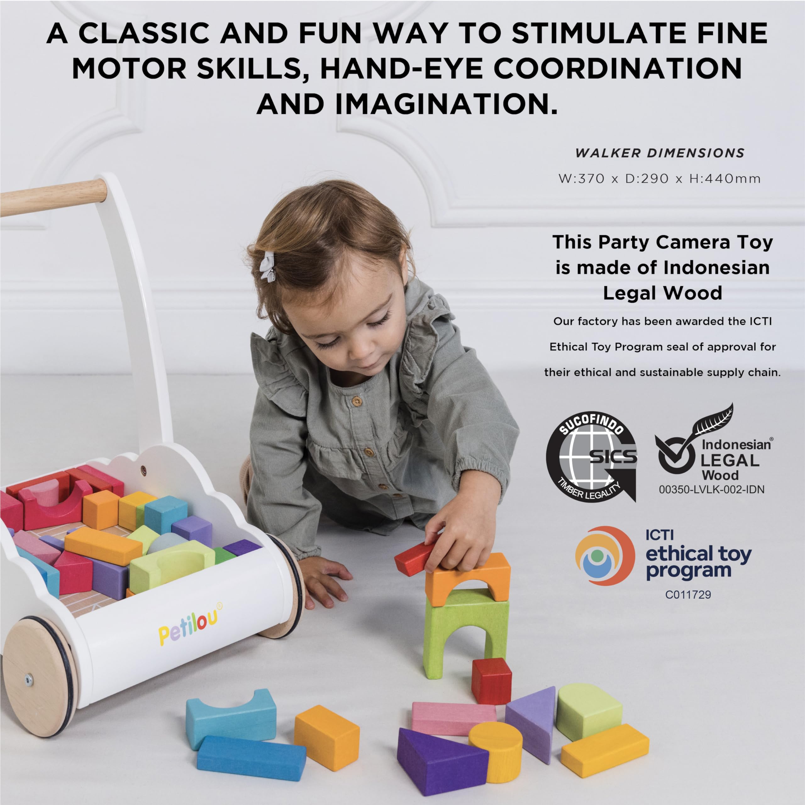 Le Toy Van - Petilou Wooden Walker Toy for Toddlers and Babies | Educational Rainbow Cloud Walker | Suitable for A Boy Or Girl 1 Year Old +, Multi, 45 Blocks (PL102)