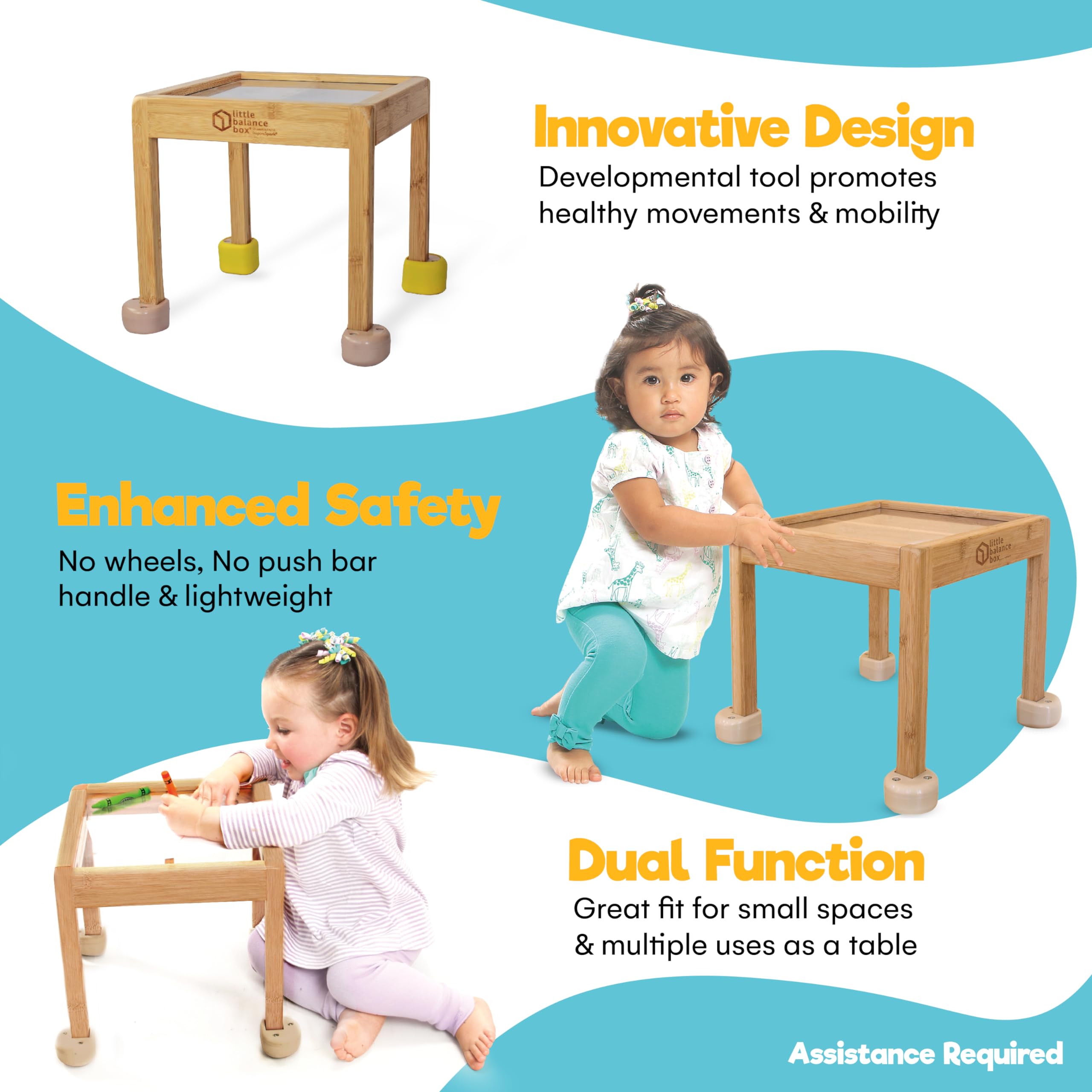 Little Balance Box, 2-in-1 No Wheels Spring Feet, Wooden Walker, Child Girl Boy Push Pull Walker Stand Toy, Activity Table, Award Winning (Coral + Removable Yellow Booties)