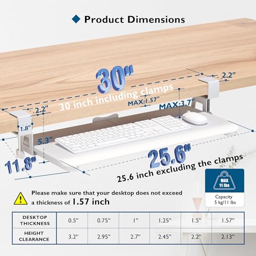 BONTEC Keyboard Tray Under Desk, Pull Out Keyboard & Mouse Tray with C-clamp, 25.6 Excluding Clamps (30 Including Clamps) x 11.8 Inch Steady Slide-Out Computer Drawer for Typing, White