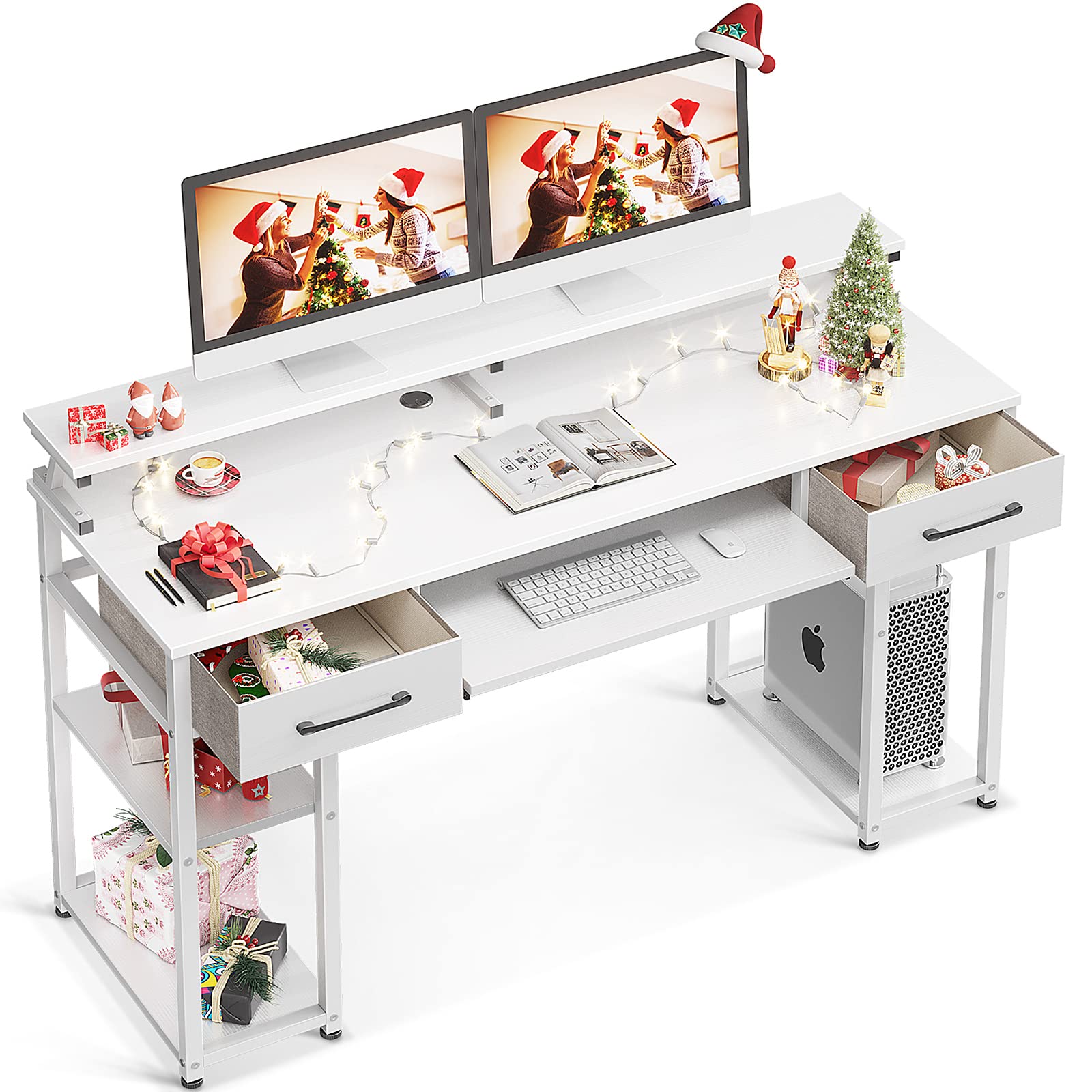 ODK Computer Desk, 63'' Office Desk with Keyboard Tray, Writting Desk with Drawers and Monitor Stand, Study Table with CPU Stand and Removable Shelf for Storage, White