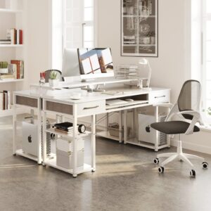 ODK Computer Desk, 63'' Office Desk with Keyboard Tray, Writting Desk with Drawers and Monitor Stand, Study Table with CPU Stand and Removable Shelf for Storage, White