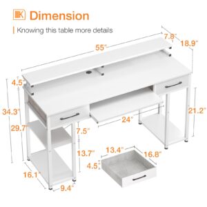 ODK Computer Desk, 63'' Office Desk with Keyboard Tray, Writting Desk with Drawers and Monitor Stand, Study Table with CPU Stand and Removable Shelf for Storage, White