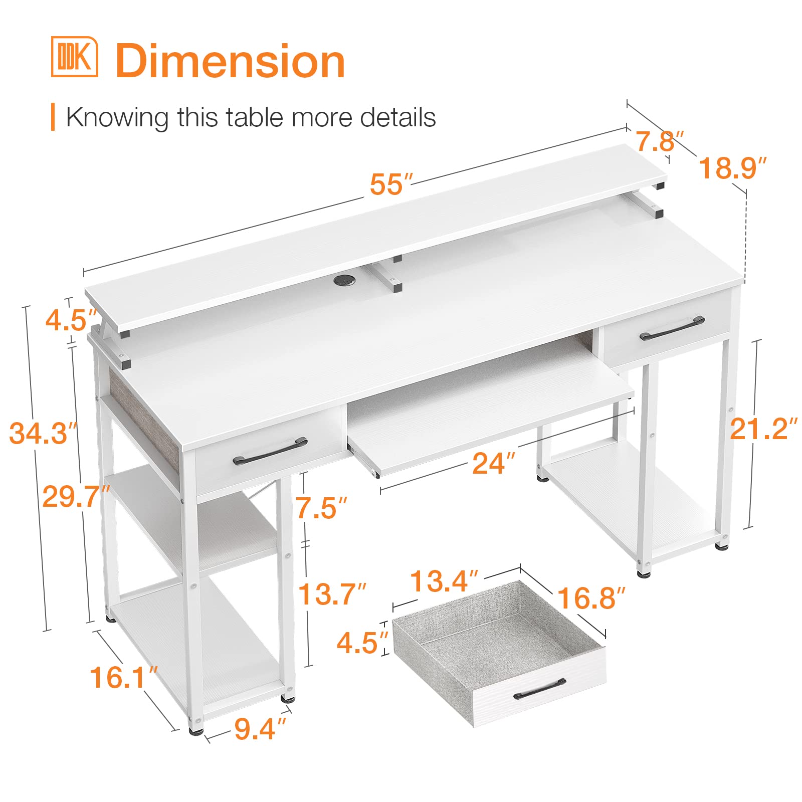 ODK Computer Desk, 63'' Office Desk with Keyboard Tray, Writting Desk with Drawers and Monitor Stand, Study Table with CPU Stand and Removable Shelf for Storage, White