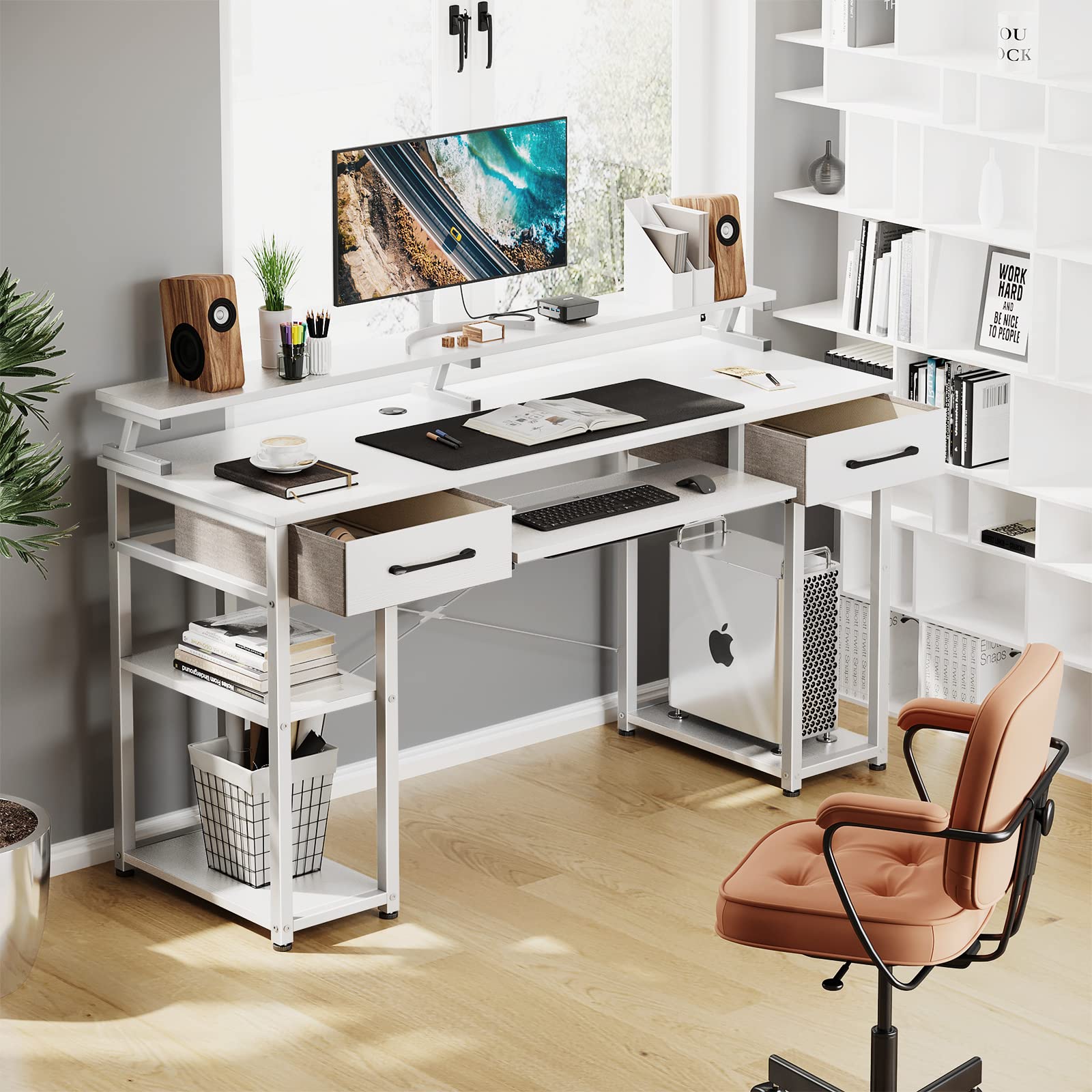 ODK Computer Desk, 63'' Office Desk with Keyboard Tray, Writting Desk with Drawers and Monitor Stand, Study Table with CPU Stand and Removable Shelf for Storage, White