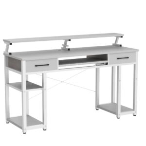 ODK Computer Desk, 63'' Office Desk with Keyboard Tray, Writting Desk with Drawers and Monitor Stand, Study Table with CPU Stand and Removable Shelf for Storage, White