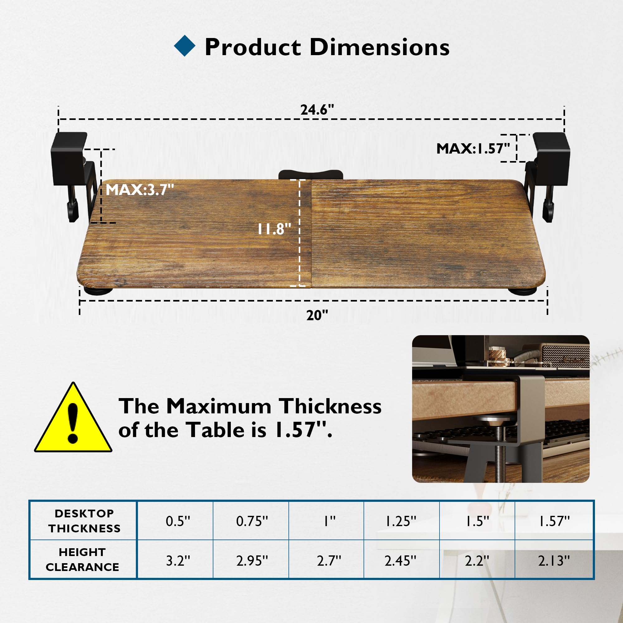 BONTEC Small Keyboard Tray Under Desk, Pull Out Keyboard & Mouse Tray with C Clamp, 20 (24.6 Including Clamps) x 11.8 Inch Steady Slide-Out Computer Drawer, Perfect for Home or Office, Rustic Brown