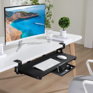 ETHU Keyboard Tray Under Desk, 26.77" X 11.81" Large Size Keyboard Tray with C Clamp-on Mount Easy to Install, Computer Keyboard Stand, Ergonomic Keyboard Tray for Home and Office (Carbon)