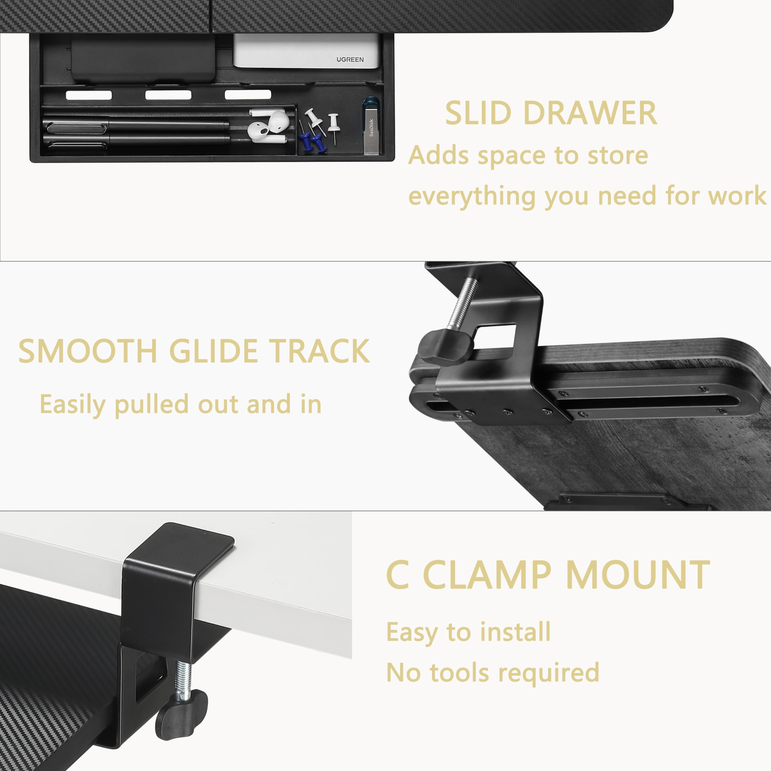 ETHU Keyboard Tray Under Desk, 26.77" X 11.81" Large Size Keyboard Tray with C Clamp-on Mount Easy to Install, Computer Keyboard Stand, Ergonomic Keyboard Tray for Home and Office (Carbon)