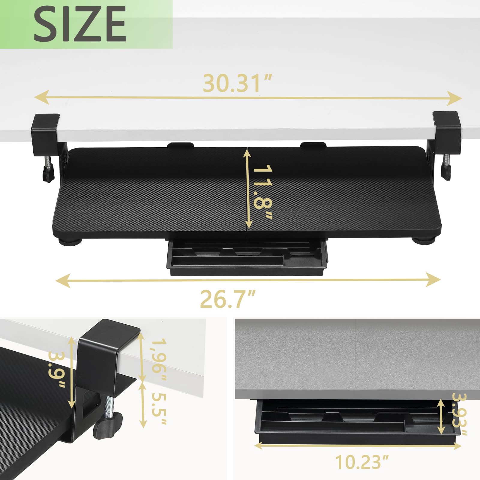 ETHU Keyboard Tray Under Desk, 26.77" X 11.81" Large Size Keyboard Tray with C Clamp-on Mount Easy to Install, Computer Keyboard Stand, Ergonomic Keyboard Tray for Home and Office (Carbon)