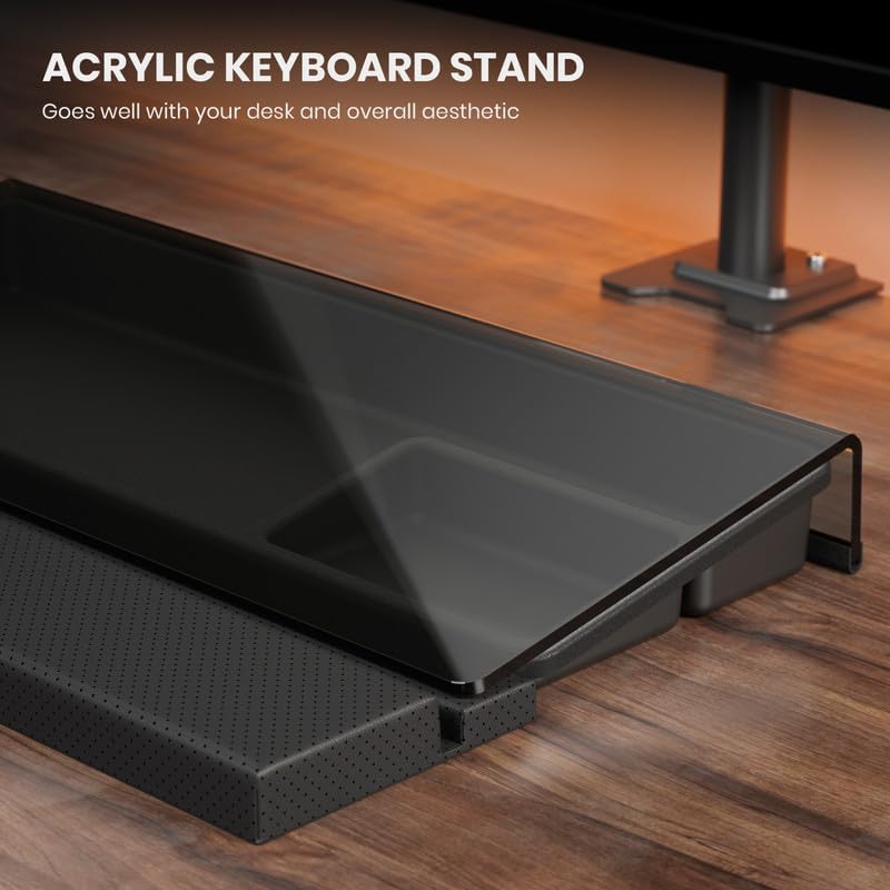 3 in 1 Keyboard Stand w/Wrist Rest and Storage Tray - Klearlook [Ultra Comfortable] PU Leather Wrist Pad & Acrylic Keyboard Riser, 16.9x7.3 inch Tilt Adjustable Computer Keyboard Stand Holder-Black