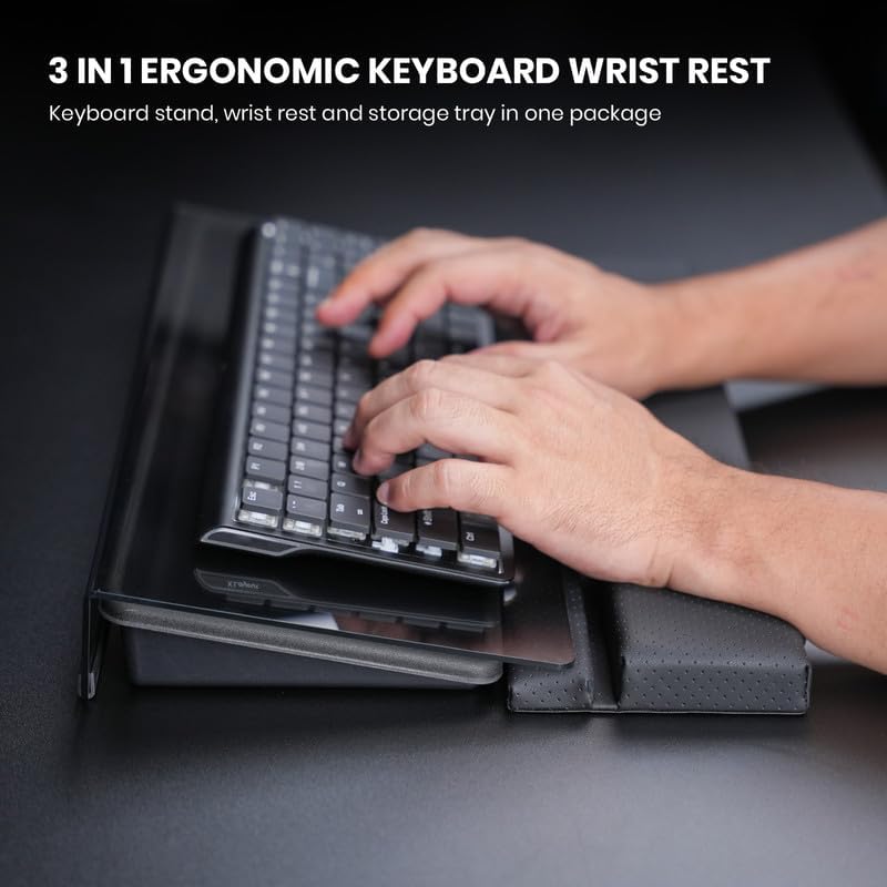 3 in 1 Keyboard Stand w/Wrist Rest and Storage Tray - Klearlook [Ultra Comfortable] PU Leather Wrist Pad & Acrylic Keyboard Riser, 16.9x7.3 inch Tilt Adjustable Computer Keyboard Stand Holder-Black