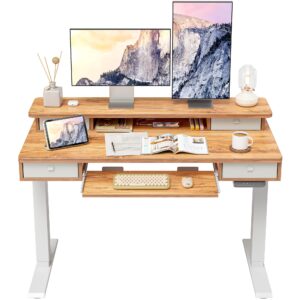 fezibo height adjustable electric standing desk with 4 drawers and keyboard tray, 48 x 24 inch table with storage shelf, sit stand desk with splice board, lightrustic brown