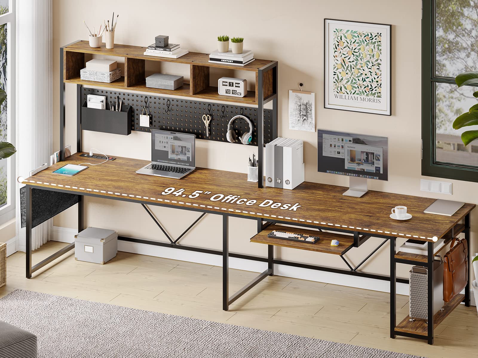 SEDETA L Shaped Computer Desk, Reversible Corner Desk with Power Outlet and Pegboard, Computer Desk with Led Lights, Keyboard Tray, Headphone Hook and Storage Shelves, Rustic Brown