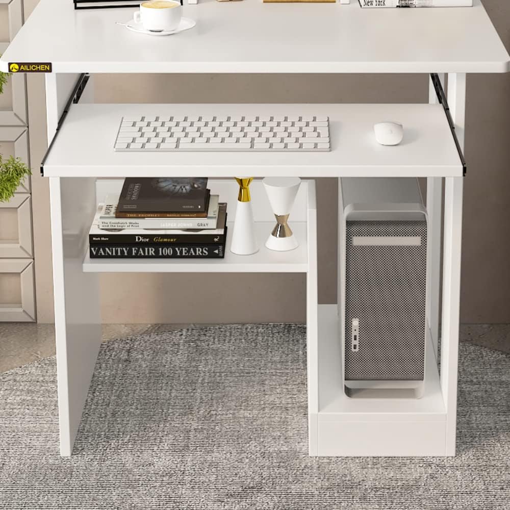 LERIJN 30Inch Small Computer Desk for Small Spaces, Computer desk with shelves and keyboard tray, Standing Compact Desk with Storage, Home Office Study Computer Desk with Monitor Stand, White