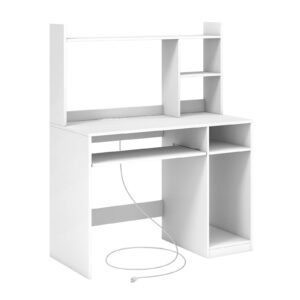 ifanny white computer desk with hutch, wood pc desk w/power outlet, keyboard tray and cpu stand, modern writing desk with bookshelf, student desk for bedroom, simple work desk for home office