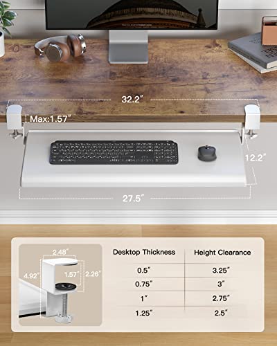 HUANUO Keyboard Tray Under Desk, Ergonomic Large Keyboard Tray with C Clamp, Updated Metal Slide Rail Keyboard Tray Mouse Tray, Pull Out Platform Computer Drawer for Typing, 27.5" W x 12.2" D, White