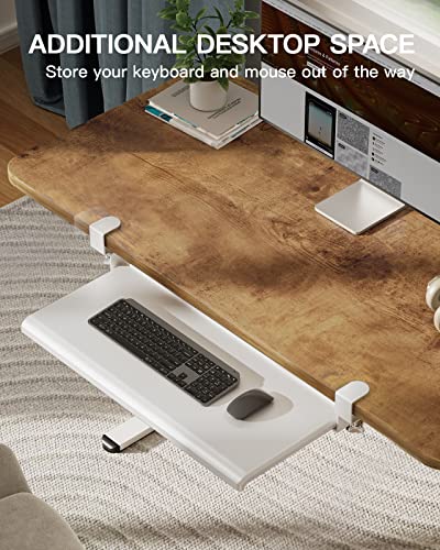 HUANUO Keyboard Tray Under Desk, Ergonomic Large Keyboard Tray with C Clamp, Updated Metal Slide Rail Keyboard Tray Mouse Tray, Pull Out Platform Computer Drawer for Typing, 27.5" W x 12.2" D, White