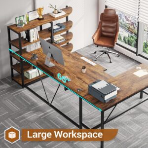 SEDETA L Shaped Computer Desk, 65'' Office Desk with Keyboard Tray & LED Light, L Shaped Desk with Storage Shelves and Monitor Stand for Home Office, L Desk, Rustic Brown