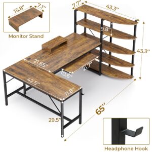 SEDETA L Shaped Computer Desk, 65'' Office Desk with Keyboard Tray & LED Light, L Shaped Desk with Storage Shelves and Monitor Stand for Home Office, L Desk, Rustic Brown