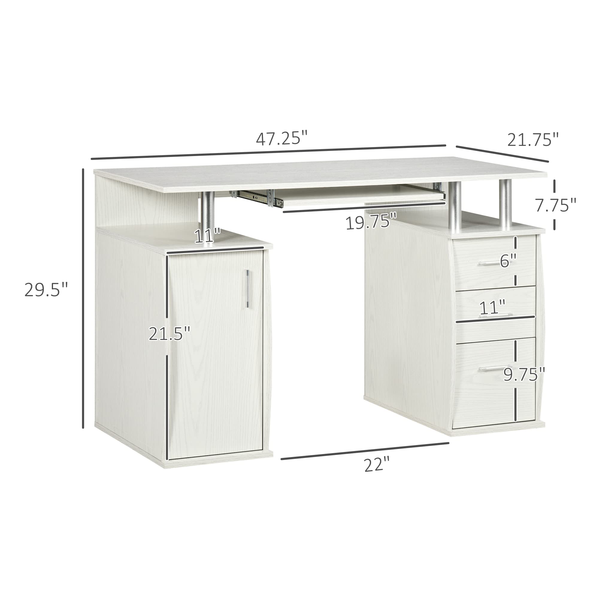 HOMCOM 47" Computer Desk with Keyboard Tray and Storage Drawers, Home Office Workstation Table with Storage Shelves, White Wood Grain