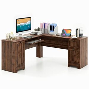 Tangkula L-Shaped Office Desk with Storage Drawers & Keyboard Tray, Home Office Corner Computer Desk with Cabinet & Inner Adjustable Shelf, Space-Saving Study Writing Desk, Computer Workstation