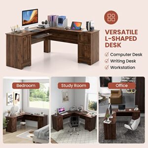 Tangkula L-Shaped Office Desk with Storage Drawers & Keyboard Tray, Home Office Corner Computer Desk with Cabinet & Inner Adjustable Shelf, Space-Saving Study Writing Desk, Computer Workstation