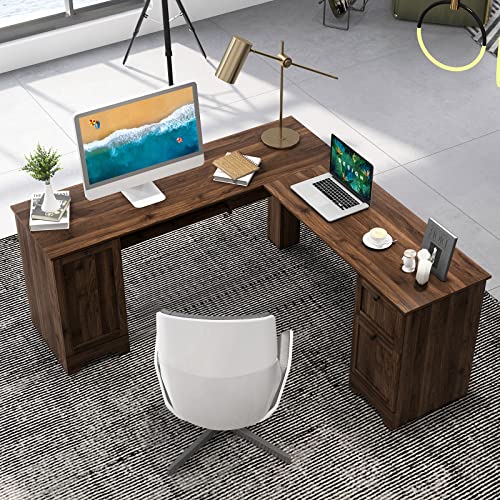 Tangkula L-Shaped Office Desk with Storage Drawers & Keyboard Tray, Home Office Corner Computer Desk with Cabinet & Inner Adjustable Shelf, Space-Saving Study Writing Desk, Computer Workstation