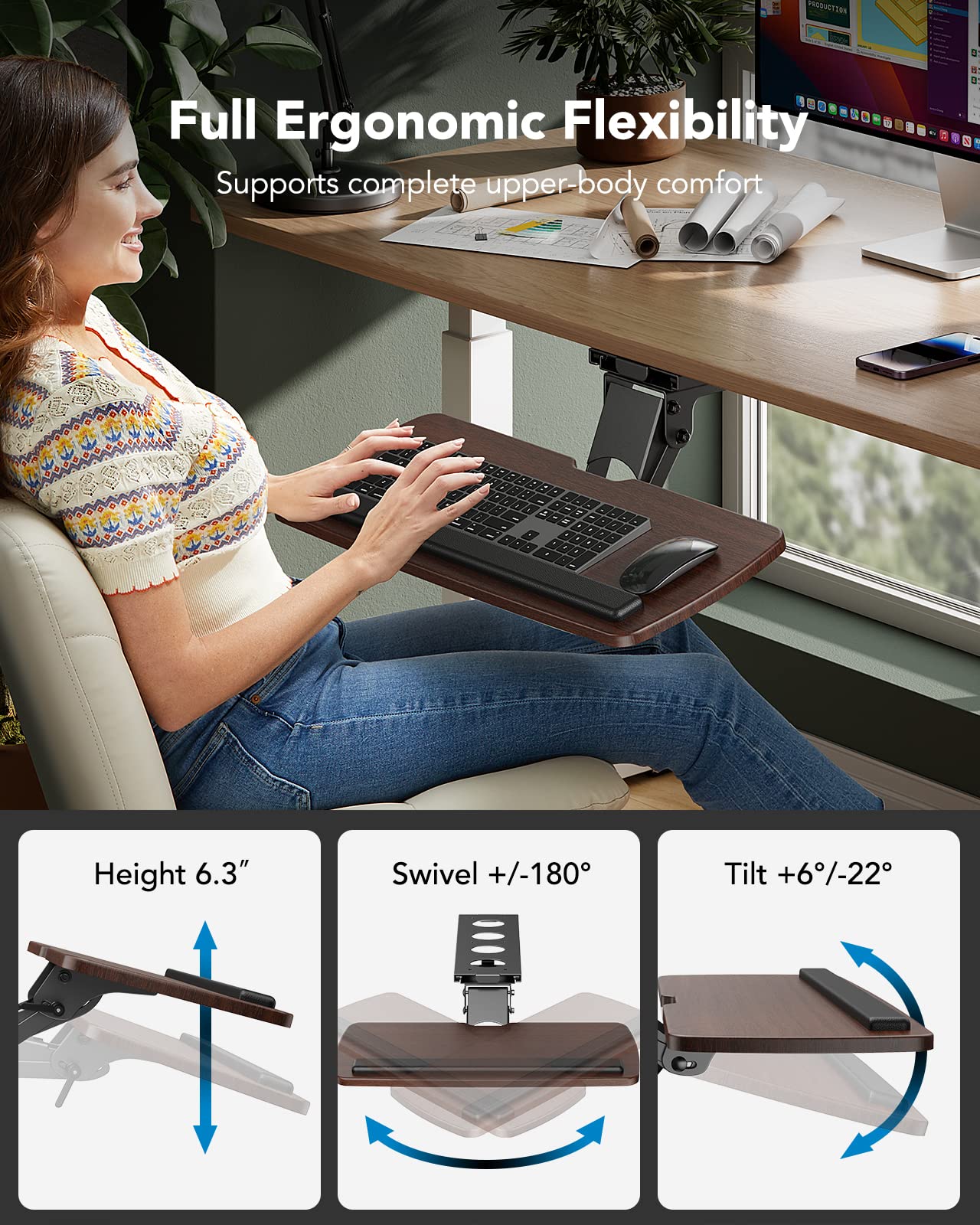 HUANUO Keyboard Tray Under Desk，360 Adjustable Ergonomic Sliding Keyboard & Mouse Tray, 25" W x 9.8" D, Brown