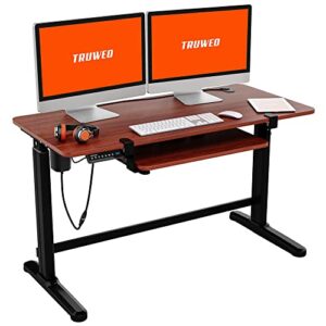 Truweo Adjustable Electric Standing Desk – 50 x 23.6 inches Sit to Stand Office Desk with Cable and Sliding Keyboard Tray – 3 Controlled Memory Height Settings – Anti-Scratch Surface – Brown