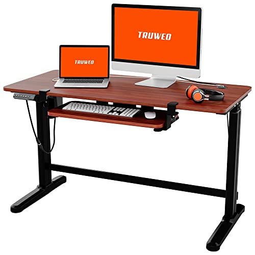 Truweo Adjustable Electric Standing Desk – 50 x 23.6 inches Sit to Stand Office Desk with Cable and Sliding Keyboard Tray – 3 Controlled Memory Height Settings – Anti-Scratch Surface – Brown