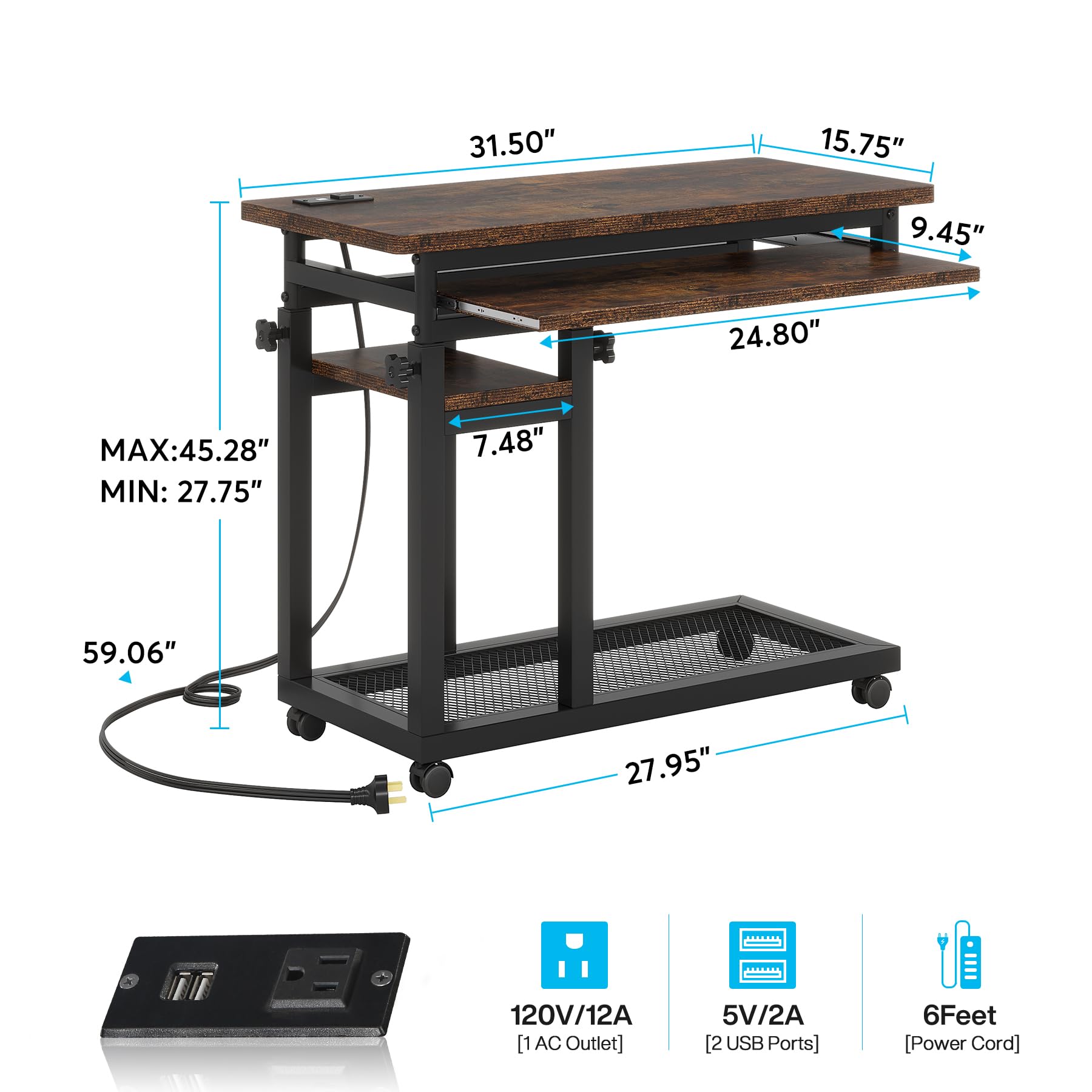 LITTLE TREE Rolling C Side Table Portable Desk with Power Outlet, Small, Brown