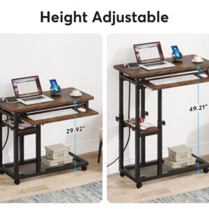 LITTLE TREE Rolling C Side Table Portable Desk with Power Outlet, Small, Brown