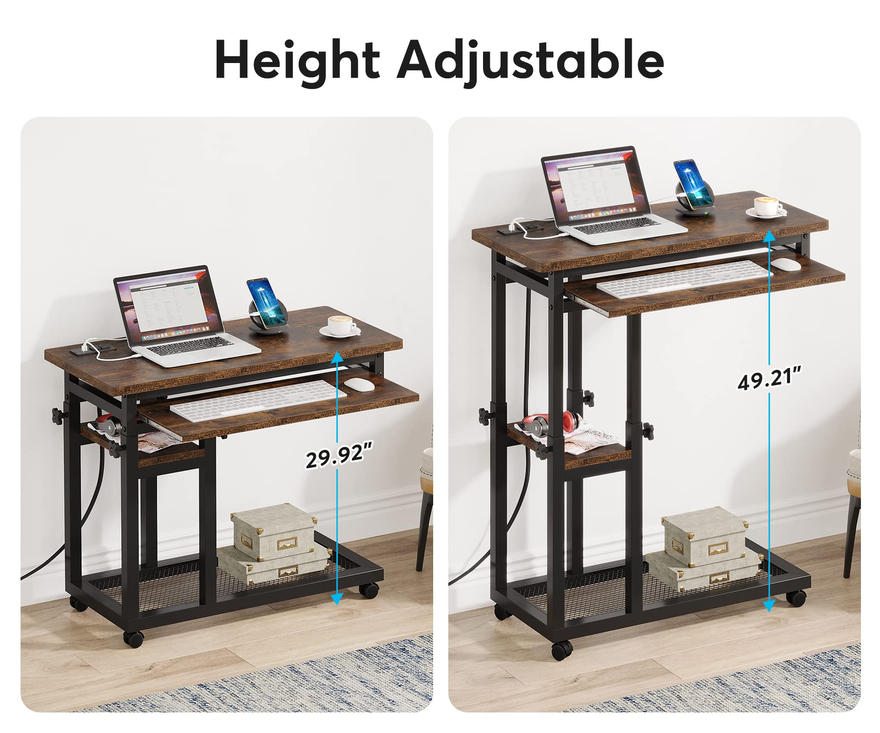 LITTLE TREE Rolling C Side Table Portable Desk with Power Outlet, Small, Brown