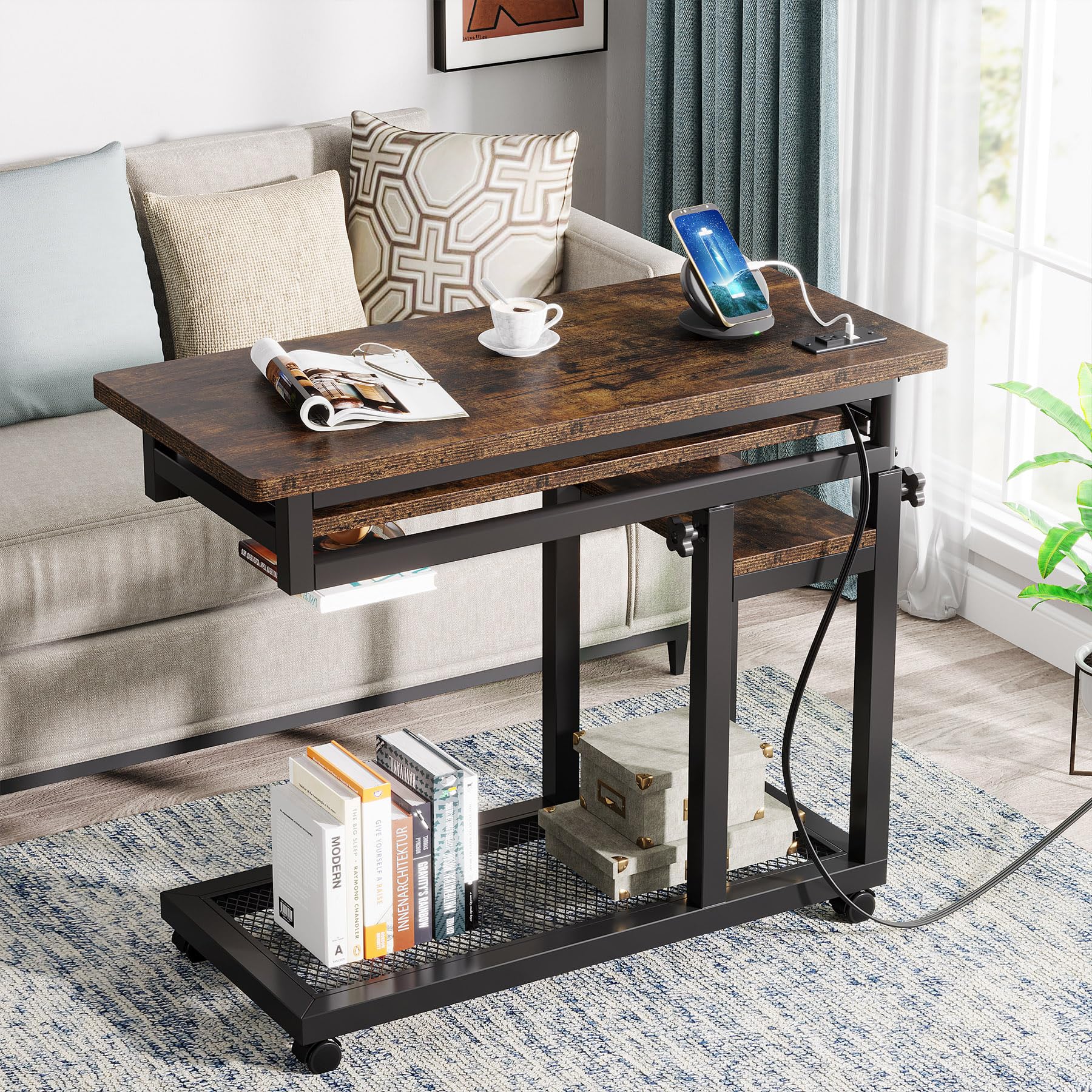 LITTLE TREE Rolling C Side Table Portable Desk with Power Outlet, Small, Brown