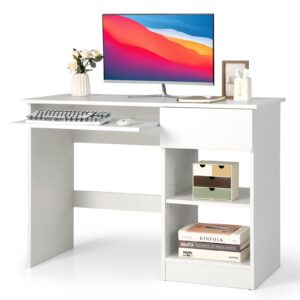 GOFLAME Home Office Desk with Drawer, Wooden Storage Computer Desk with Keyboard Tray & Adjustable Shelves, Executive Table Makeup Vanity Table Desk for Bedroom, Small Space (White)