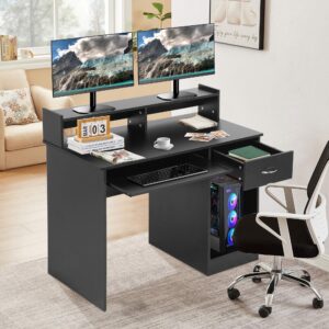 Ckofgdsue 43 inch Computer Desk with Drawers, Home Office Desk with Drawer Keyboard Tray Workstation Laptop Study Table with Shelf Small Writing Desk Black