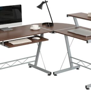 Need L Shaped Desk Gaming Desk Computer Corner Desk with Keyboard Tray and Elevated Shelf for Home Office Sturdy Writing Workstation Brown DX-402C1-BS-ND