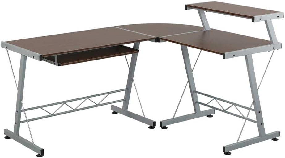 Need L Shaped Desk Gaming Desk Computer Corner Desk with Keyboard Tray and Elevated Shelf for Home Office Sturdy Writing Workstation Brown DX-402C1-BS-ND