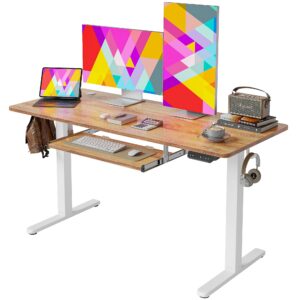 Cubiker Electric Standing Desk, 63 x 24 Inches Height Adjustable with Keyboard Tray, Ergonomic Workstation for Home Office, White Frame/Light Rustic Brown Top