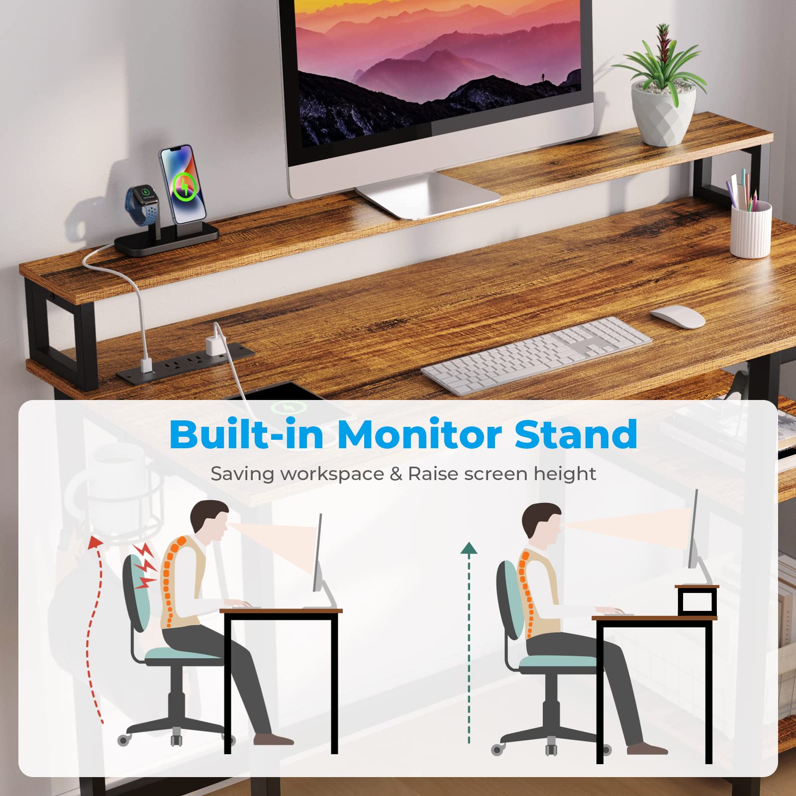 GreenForest Computer Desk with USB Charging Port and Power Outlet, Reversible Home Office Desk with Monitor Stand and Shelves for Small Space, 47 inch Work Desk with Cup Holder and Hook, Walnut