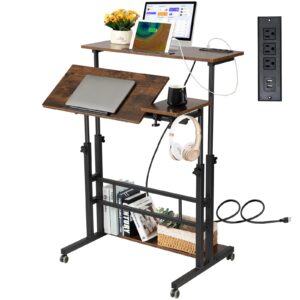 hadulcet mobile standing desk adjustable height, rolling desk stand up desk, mobile laptop desk, rolling computer desk with charging station, portable desk with wheels, rustic brown
