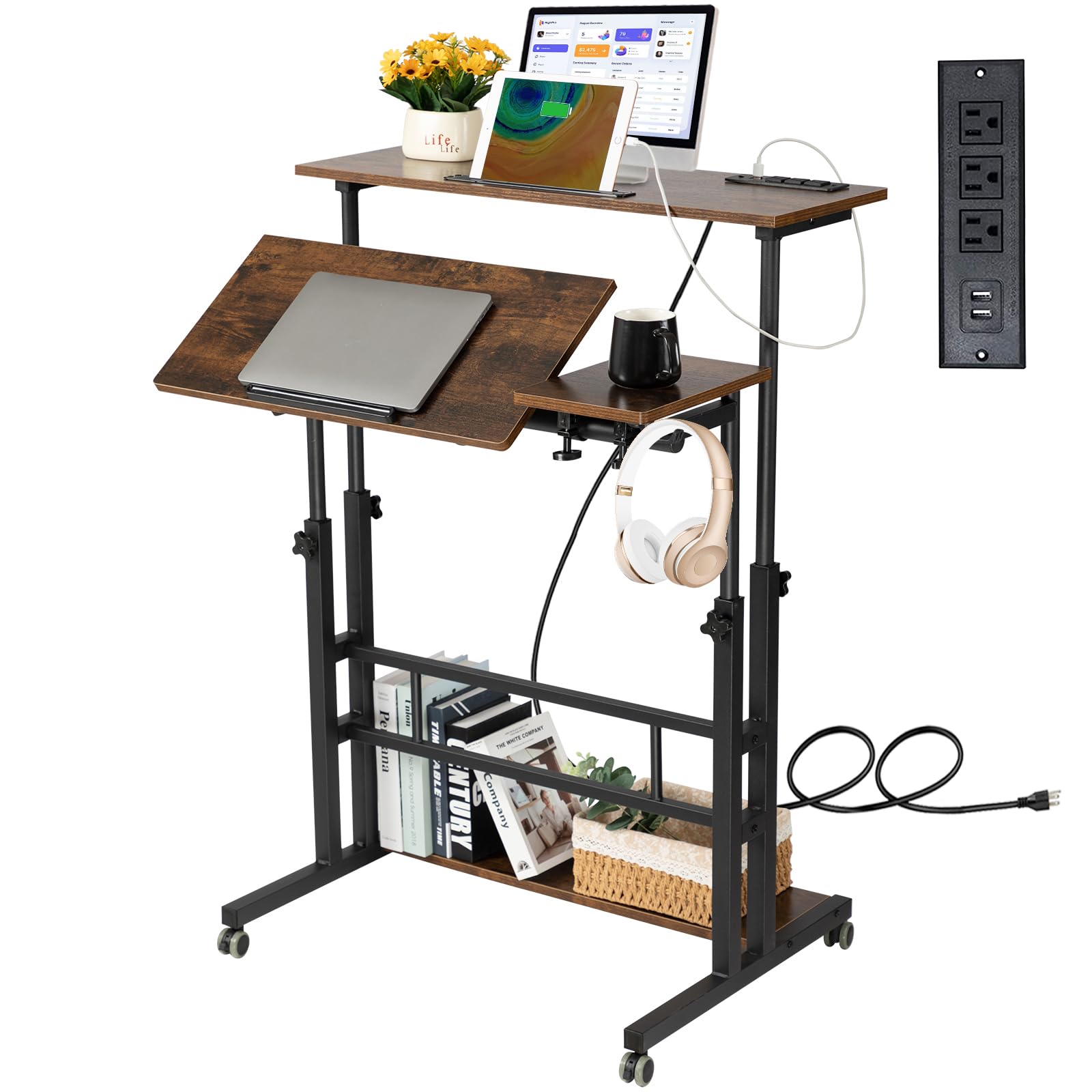 Hadulcet Mobile Standing Desk Adjustable Height, Rolling Desk Stand Up Desk, Mobile Laptop Desk, Rolling Computer Desk with Charging Station, Portable Desk with Wheels, Rustic Brown