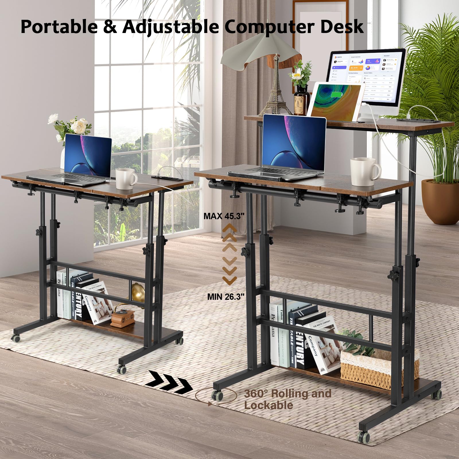 Hadulcet Mobile Standing Desk Adjustable Height, Rolling Desk Stand Up Desk, Mobile Laptop Desk, Rolling Computer Desk with Charging Station, Portable Desk with Wheels, Rustic Brown