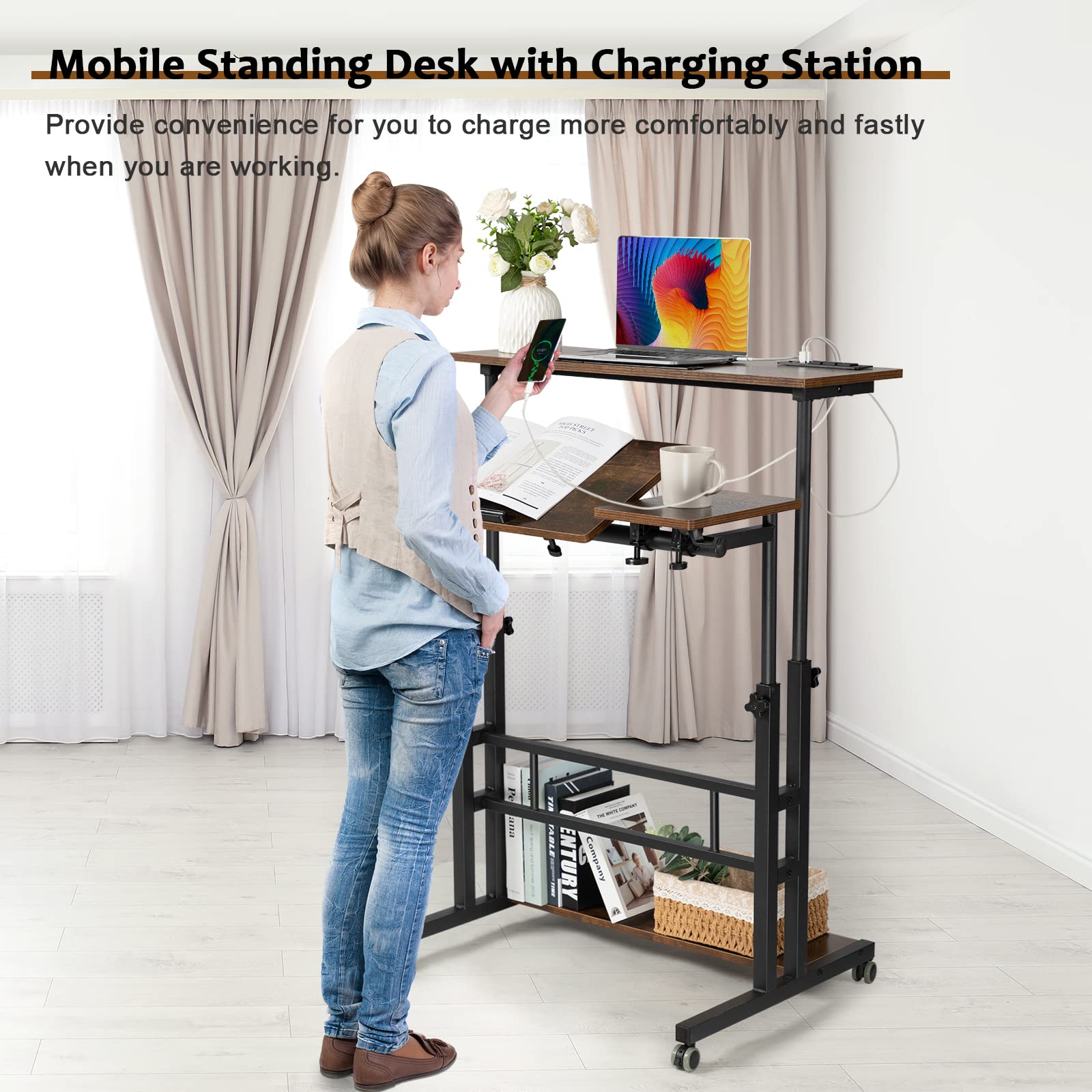 Hadulcet Mobile Standing Desk Adjustable Height, Rolling Desk Stand Up Desk, Mobile Laptop Desk, Rolling Computer Desk with Charging Station, Portable Desk with Wheels, Rustic Brown