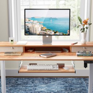 CubiCubi 55 x 24 Inches Large Height Adjustable Desk with Storage Shelf, Electric Standing Desk with Keyboard Tray, Ergonomic Workstation for Home Office, Light Rustic Brown Top